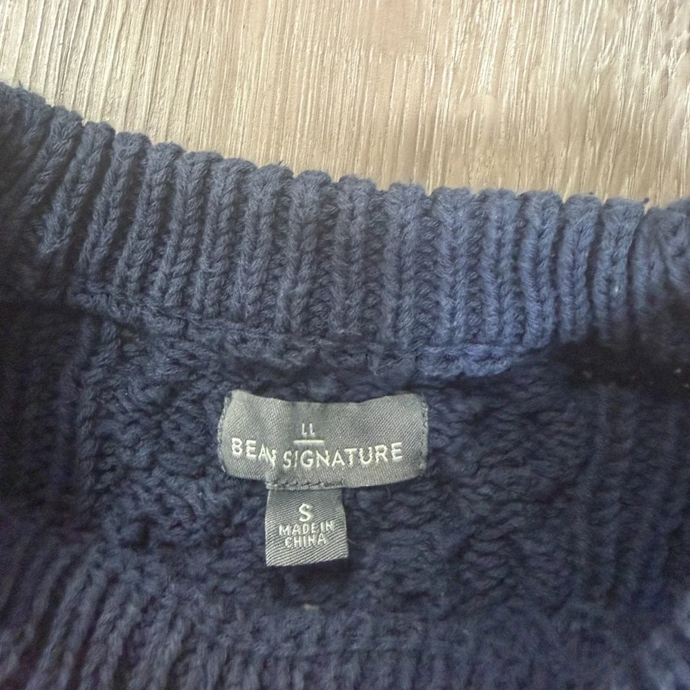 LL Bean Signature Cable Knit Fishermans Sweater Mens Small Blue Navy Cotton